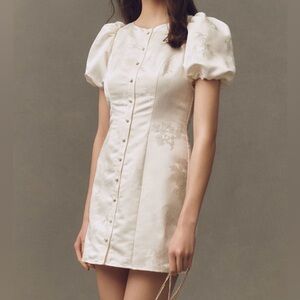 NEW! Hutch Puff-Sleeve Crew-Neck Jacquard Button-Front Mini Dress Anthropologie